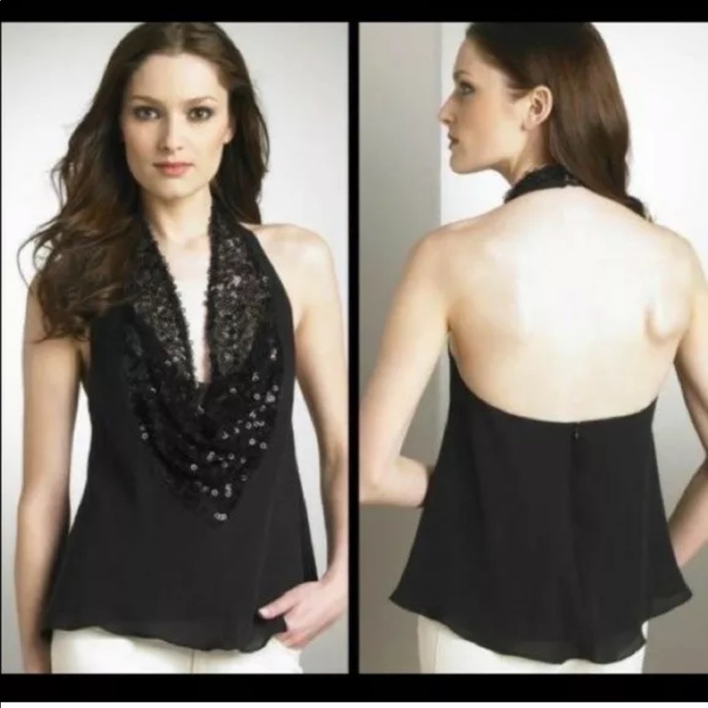 🆕 NANETTE LEPORE 100% Silk Sequin BLK Halter 6
